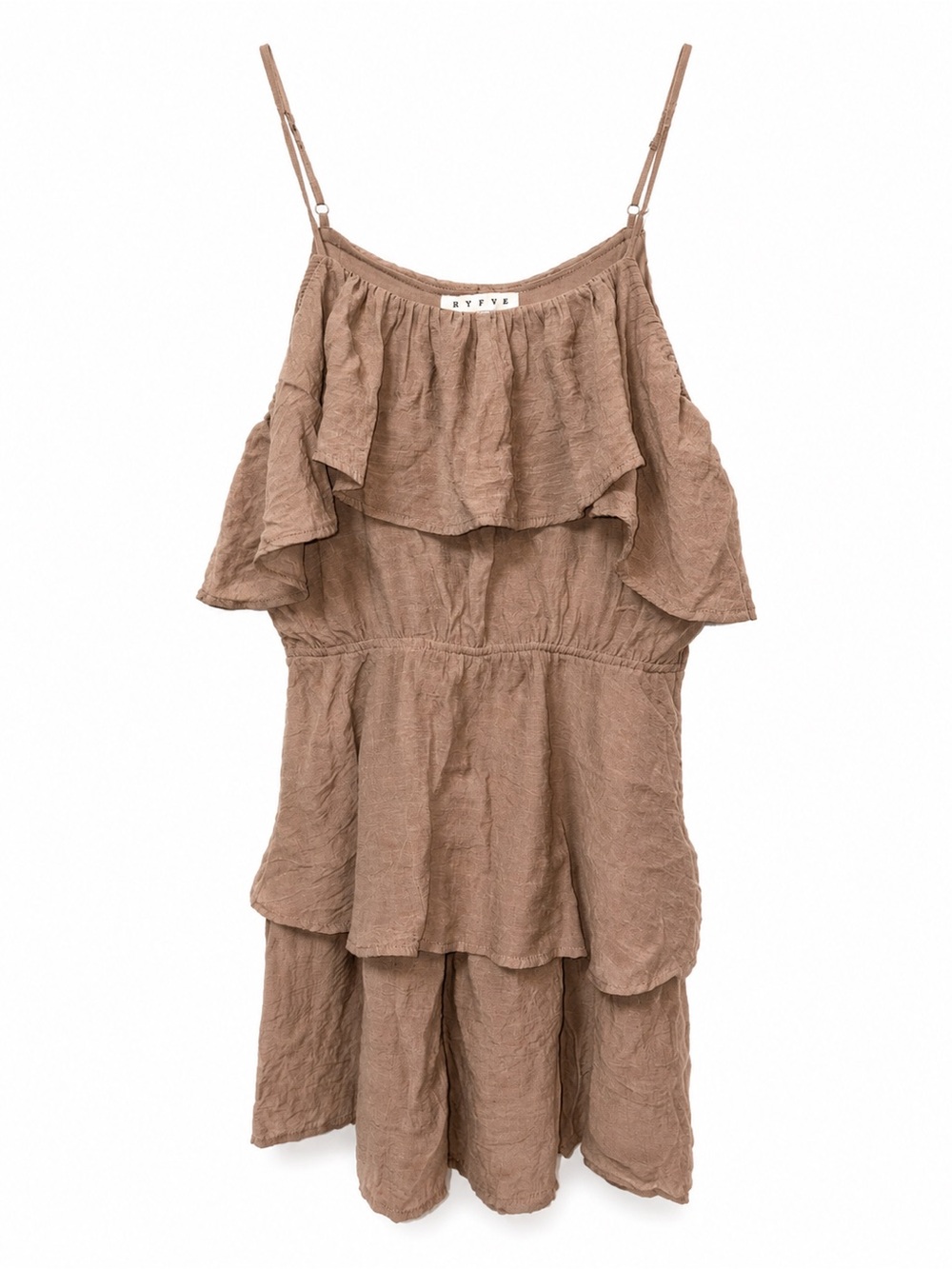 HYFVE Size Medium Layered Ruffle Spaghetti Strap Dress - Off Shoulder Taupe